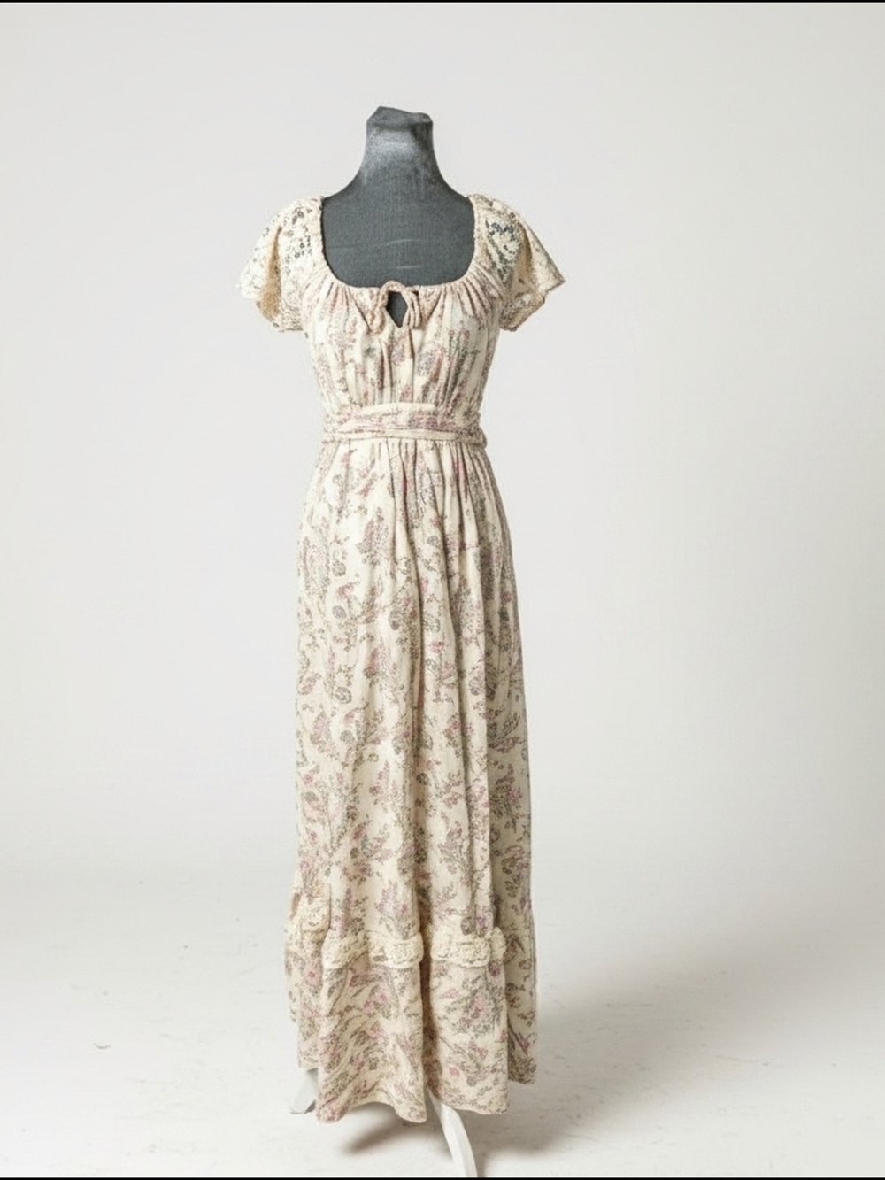 VTG 70's Floral Maxi Prairie Wrap Dress Crotchet Sleeves Lace Cottage Core